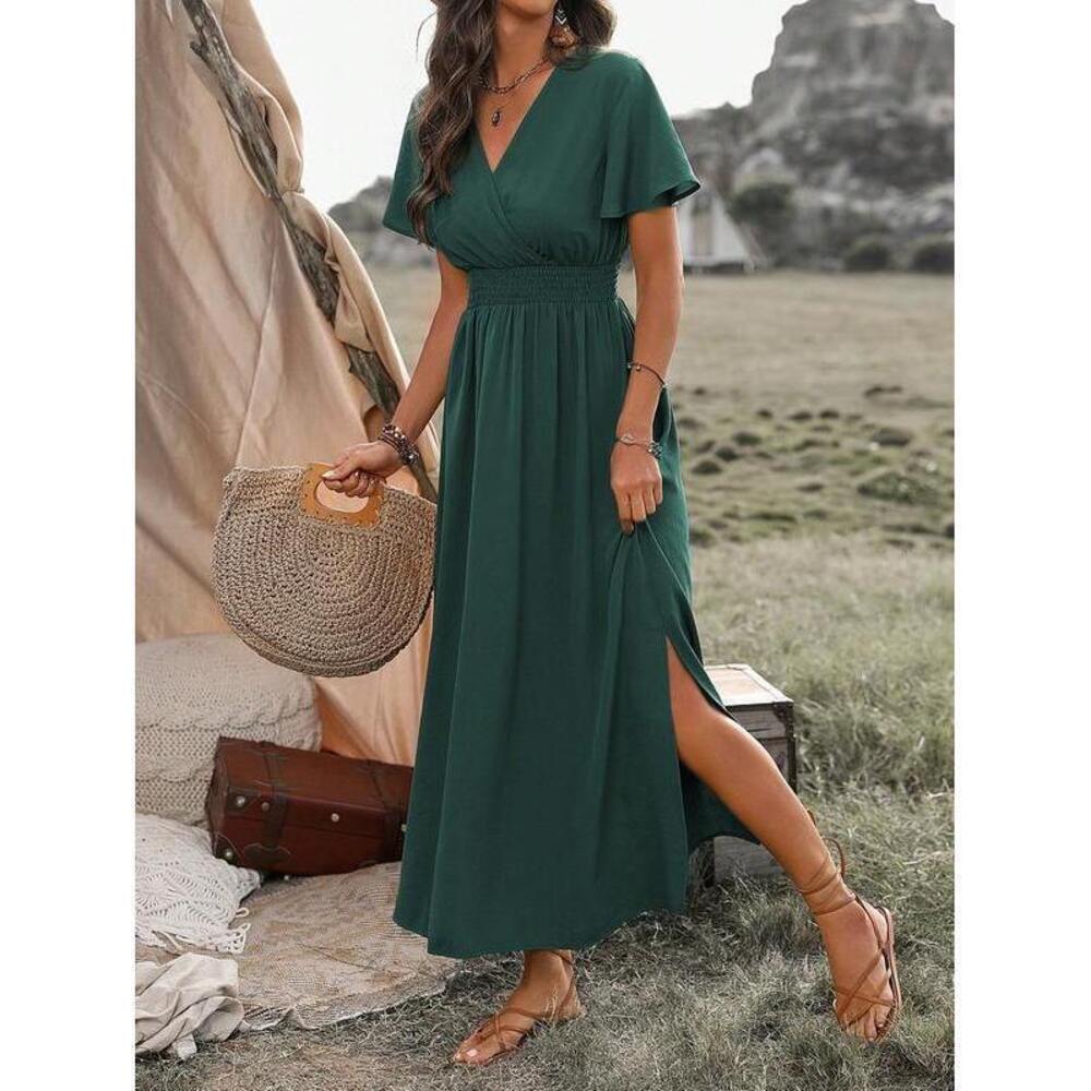 Wandoria Dark Green V-Neck Slit Maxi Dress, Boho - Picture 7 of 7